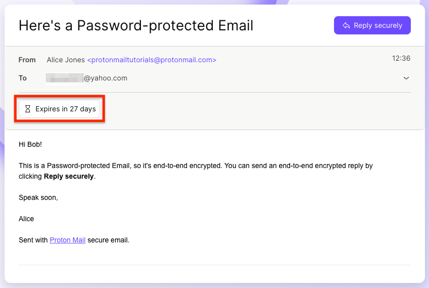 Notification that the Password-protected Email expires in 27 days