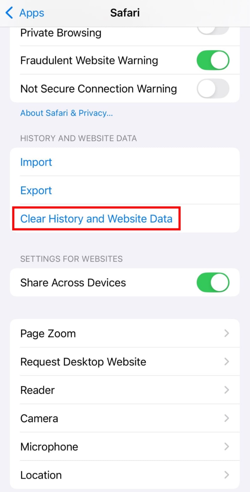On iOS, the Safari settings highlights "Clear history and website data"