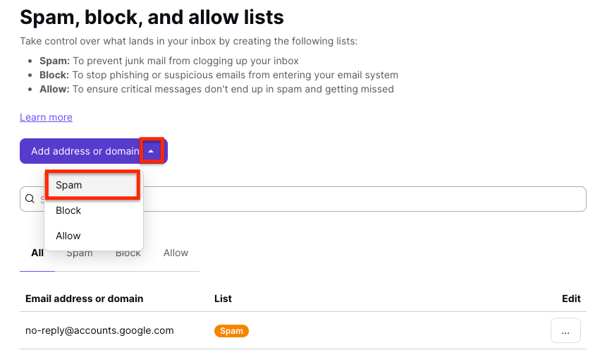 Spam option in the dropdown menu of the Add address or domain button