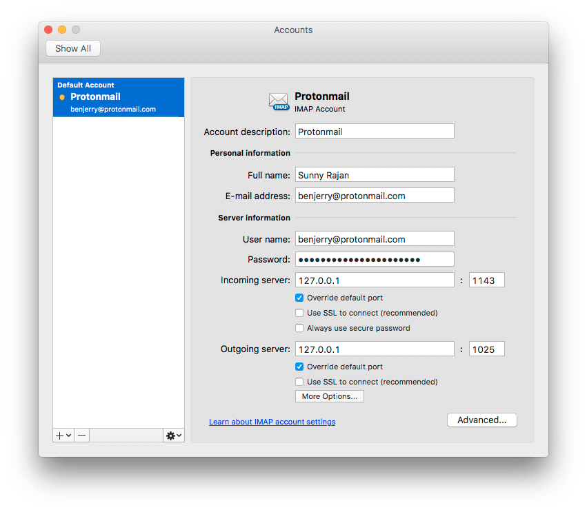 Enter your Proton Mail Bridge account details