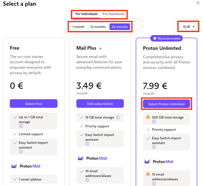 Shows options to choose your plan upgrade