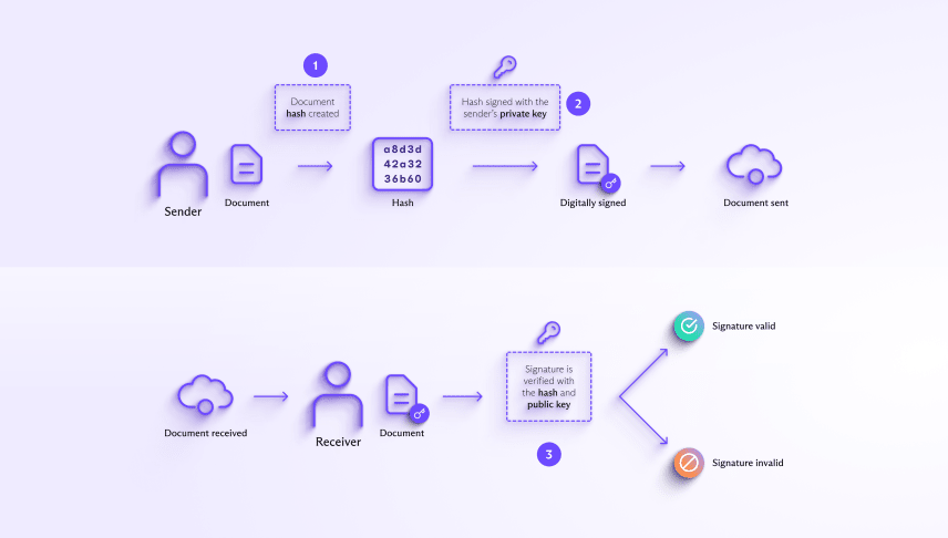 How digital signatures are created with a hash and private key and verified with a public key