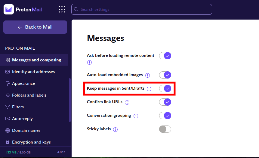 Keep messages in Sent/Drafts