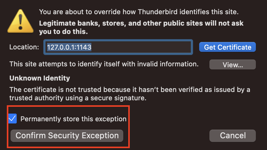 Prompt to confirm the exception for the security certificate for IMAP