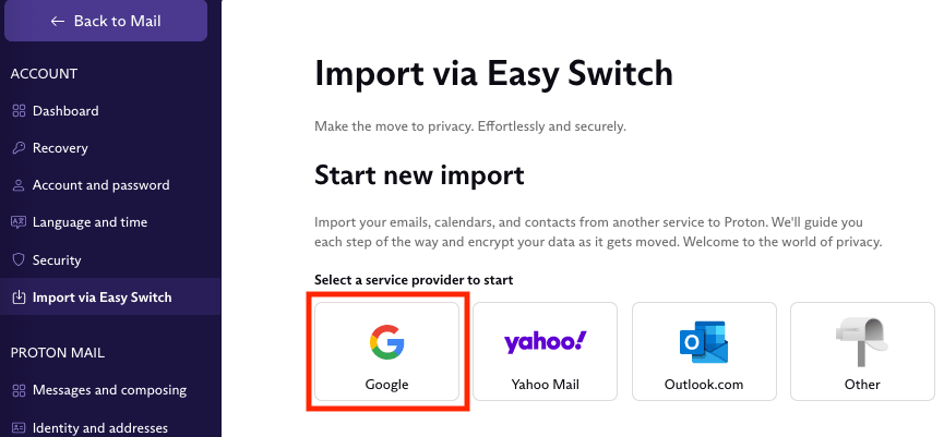 Import via Easy Switch: Google button