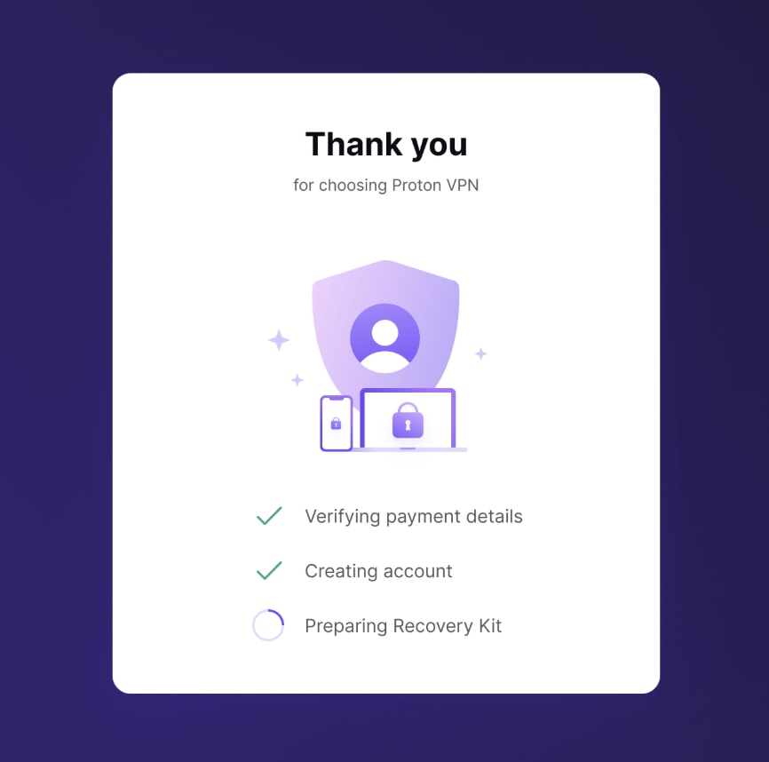 Proton VPN free trial thank you page.