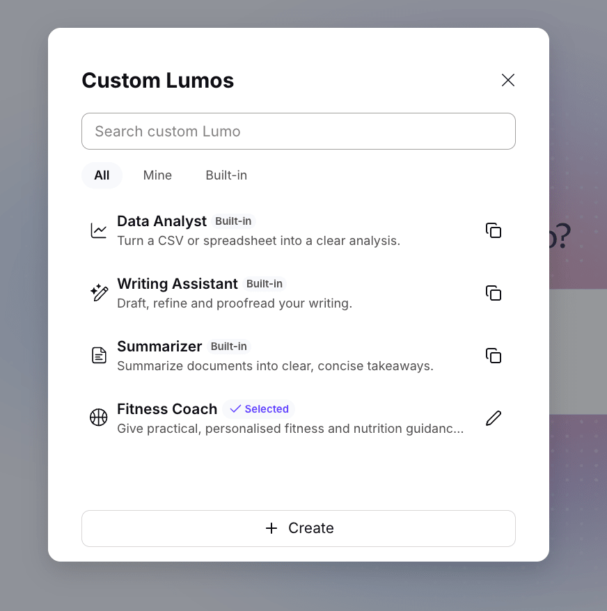 Custom Lumo popup modal interface showing different types of Custom Lumos: Data Analyst, Writing Assistant, Summarizer, and Fitness Coach. Fitness Coach is selected and has a pen icon next to it, indicating that it can be edited.
