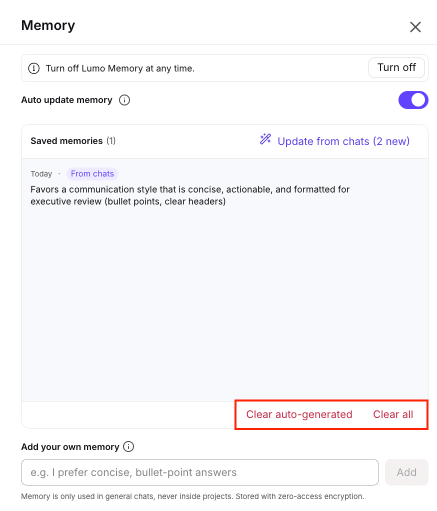 Lumo Memory settings screen with the Clear auto-generated and Clear all buttons highlighted under Saved memories.