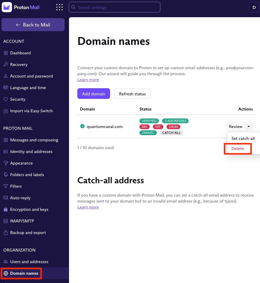 Delete custom domain names