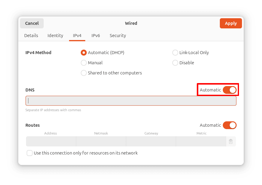 Toggle the Automatic DNS switch on