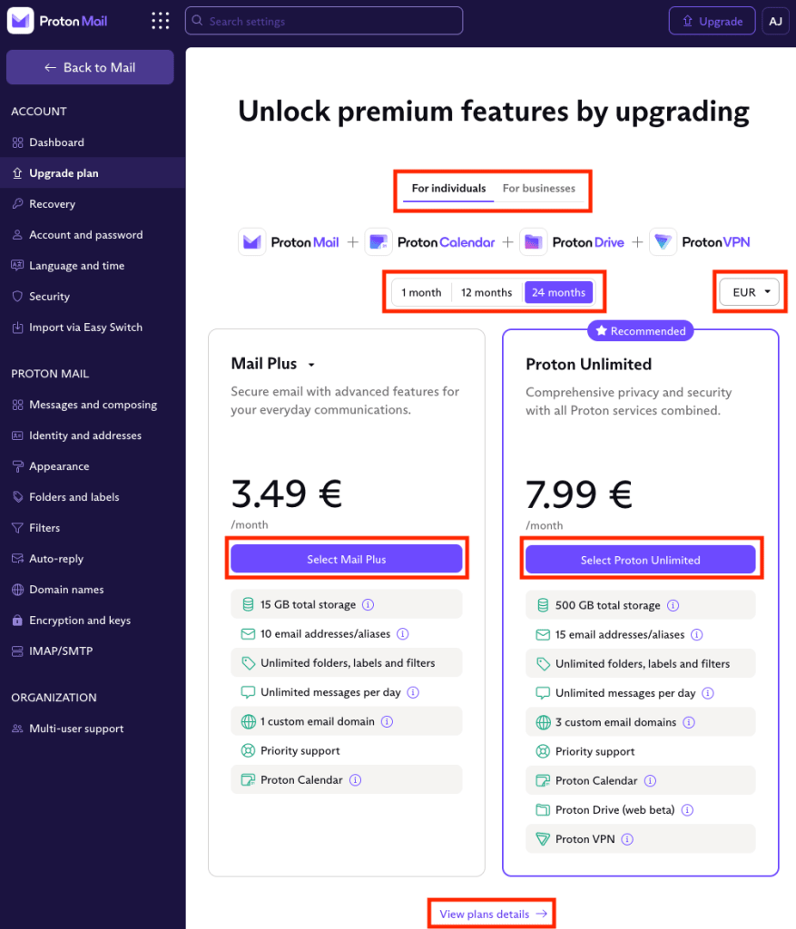 Upgrade options, including subscription period, currency, and different plans