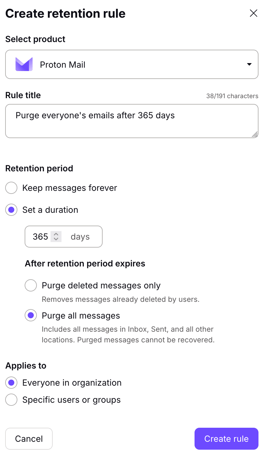 How to create a data retention rule and configure settings in Proton Mail