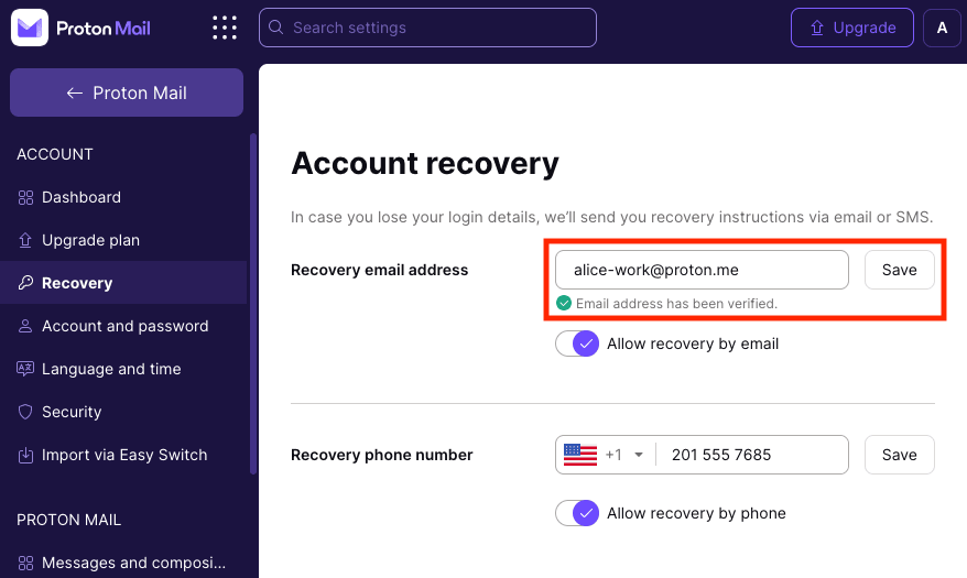 Box to enter your email address for account recover and notification emails