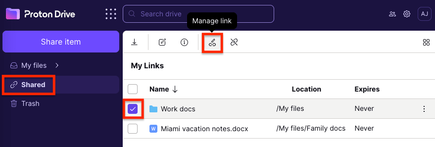 Proton Drive manage link icon to change a link's privacy settings or stop sharing
