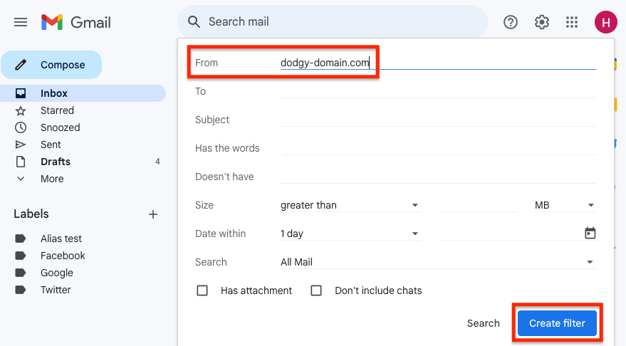 Gmail Create filter button