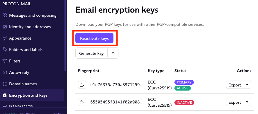 Reactivate keys button