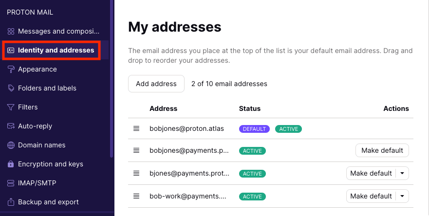 Identity and addresses section in Settings