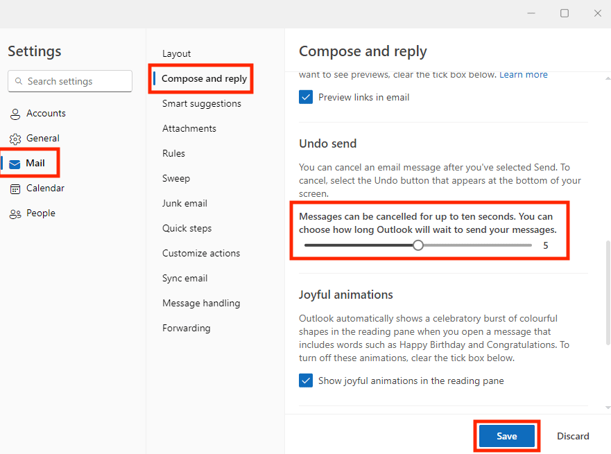 Einstellungen für Rückgängig Senden, um die Stornierungsfrist in Outlook für Windows zu ändern