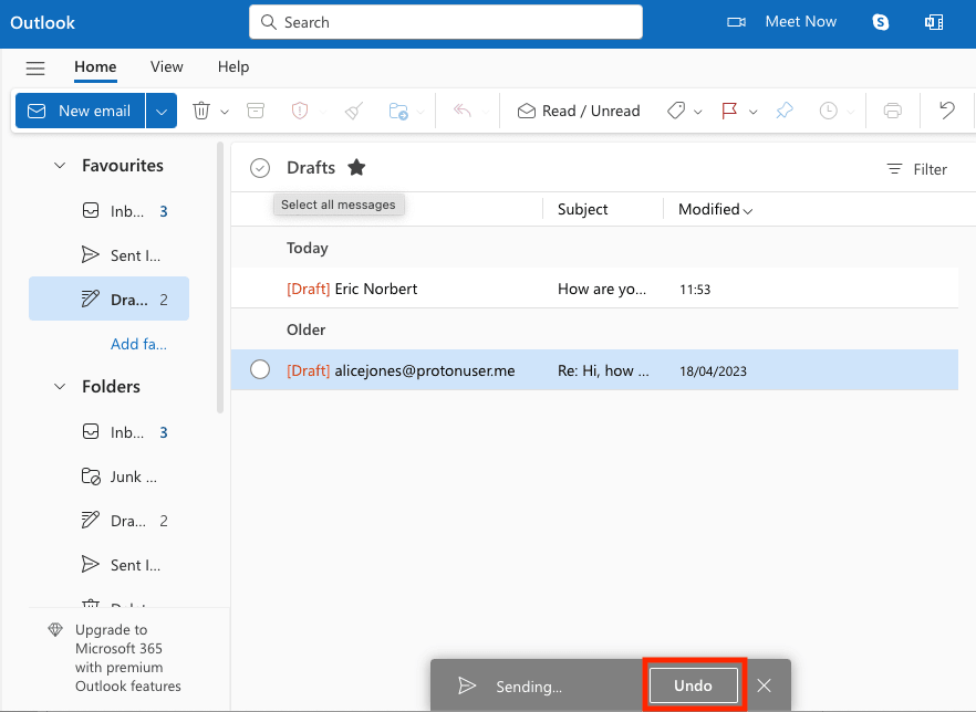 Undo button to unsend an email on the Outlook web app