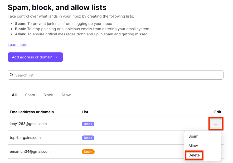 Opzione elimina mittente per rimuovere un mittente dalla lista bloccati su Proton Mail web