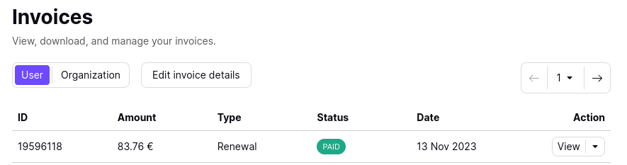 Invoices section in the Proton Mail Dashboard