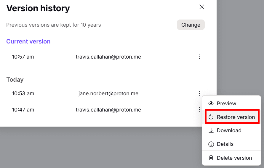 How to restore a file version in Proton Drive