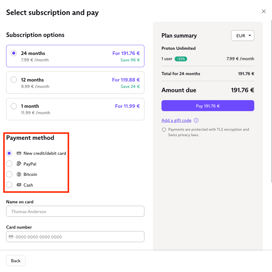 Payment method options