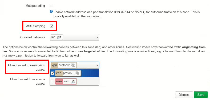 Enable MSS clamping and forward only to the vpn zone