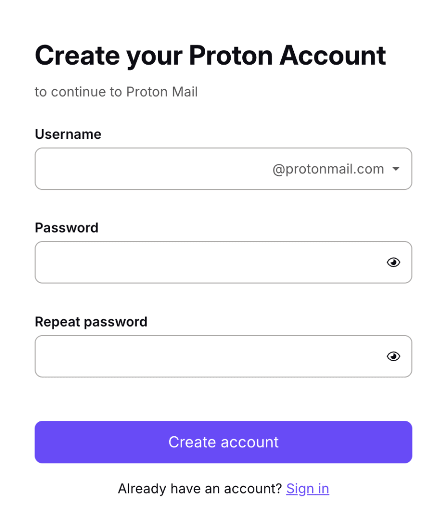 A sign-up form to create a free Proton Mail email account without phone number verification.