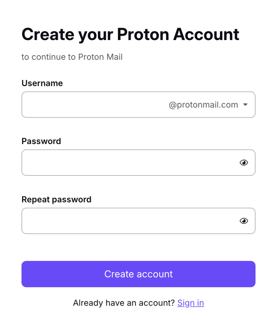 Ein Anmeldeformular, um ein kostenloses Proton Mail E-Mail-Konto ohne Telefonnummer-Verifizierung zu erstellen.