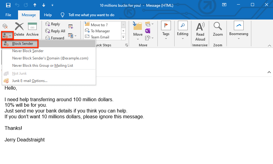 Block sender option in the Outlook desktop app