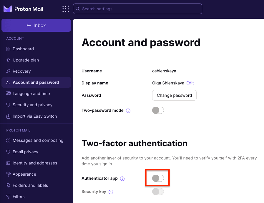 Authenticator app switch to enable two-factor authentication for Proton Mail