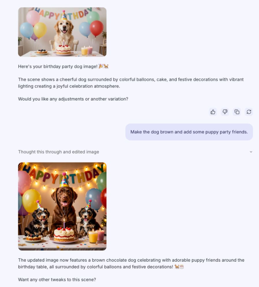Lumo conversation on generating images of a dog at a birthday party. The user is asking for modifications to the original image: "Make the dog brown and add some puppy party friends." Lumo created another image according to the request.