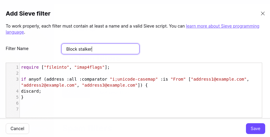 Window to edit your sieve filter