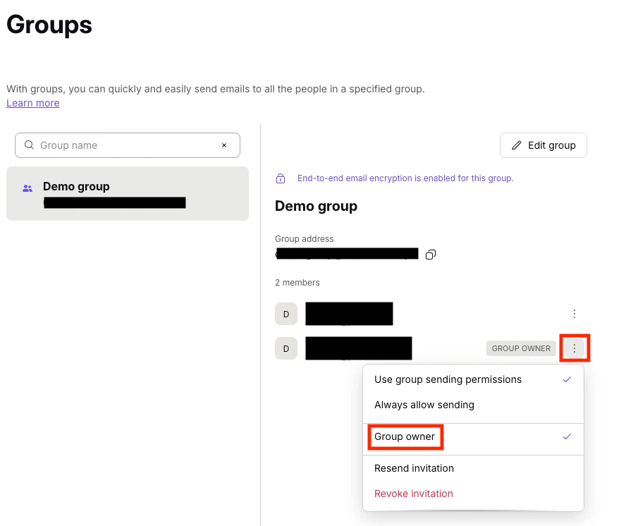 Proton Mail organization settings with group owner options