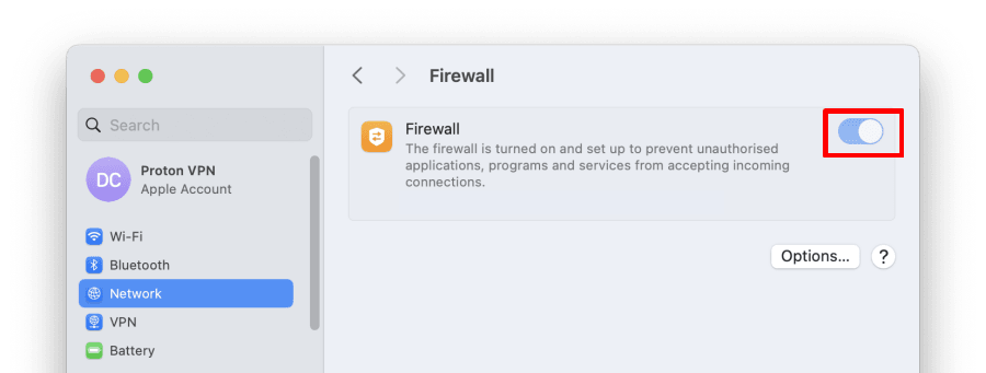 The macOS Firewall setting
