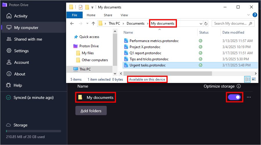 Proton Drive shows how enabling the "Optimize storage" setting in the Windows desktop app changes the file status to "Available on this device"
