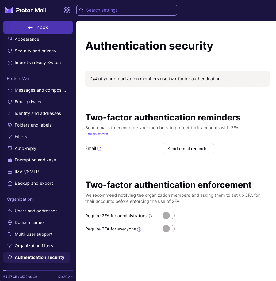 Authentication security settings showing two-factor authentication settings