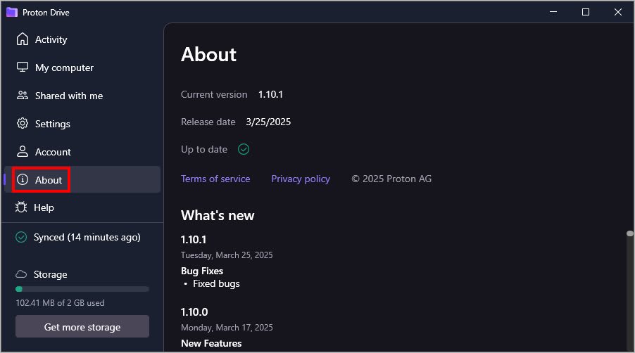 The About tab in the Proton Drive desktop app for Windows