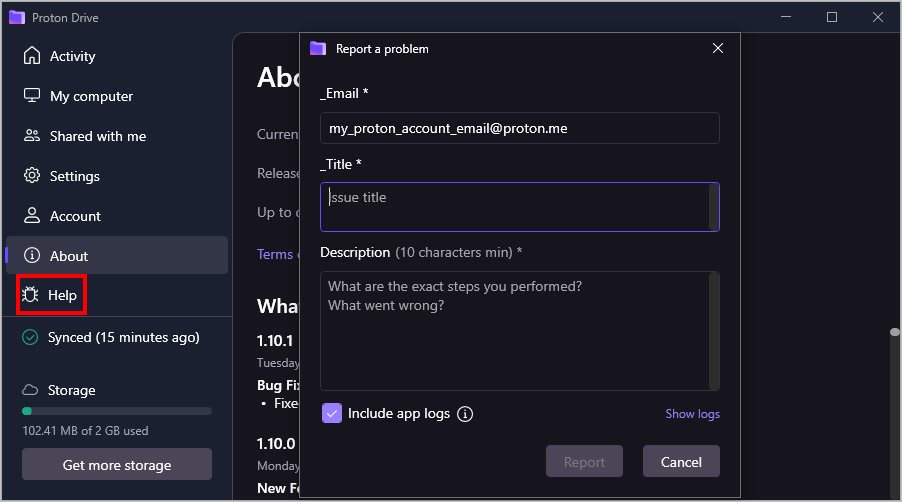 The Help tab in the Proton Drive desktop app for Windows