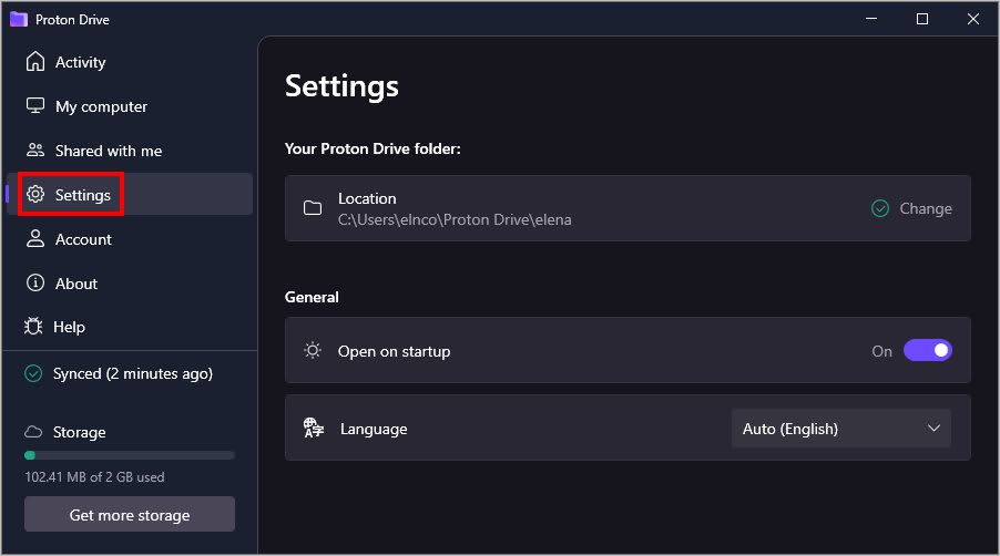 The Settings tab in the Proton Drive desktop app for Windows