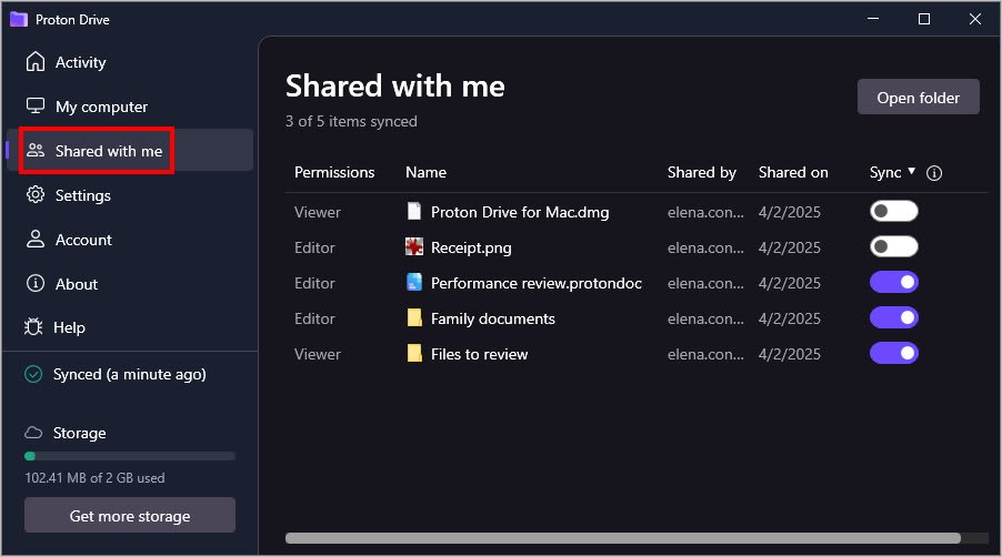 The Shared with me tab in the Proton Drive desktop app for Windows