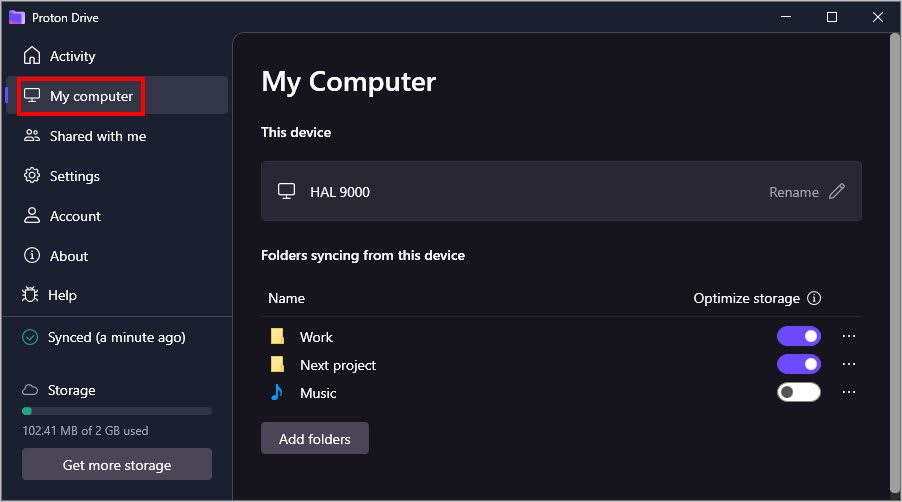 The My computer tab in the Proton Drive desktop app for Windows
