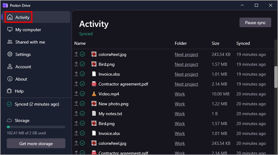 The Activity tab in the Proton Drive desktop app for Windows