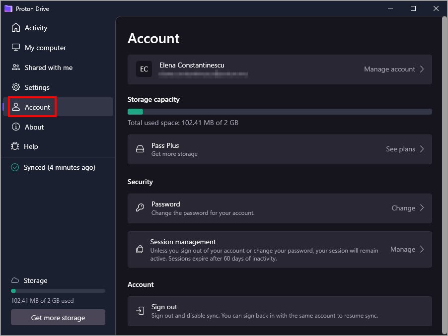 The Account tab in the Proton Drive desktop app for Windows
