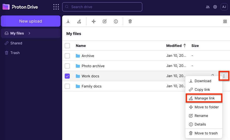 Manage link option in the vertical three-dot menu in Proton Drive