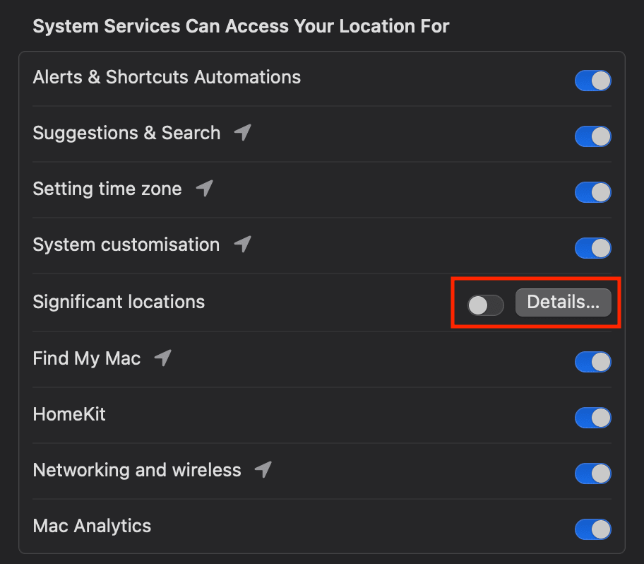 Mac screen highlights "Details" for the "Significant locations" setting