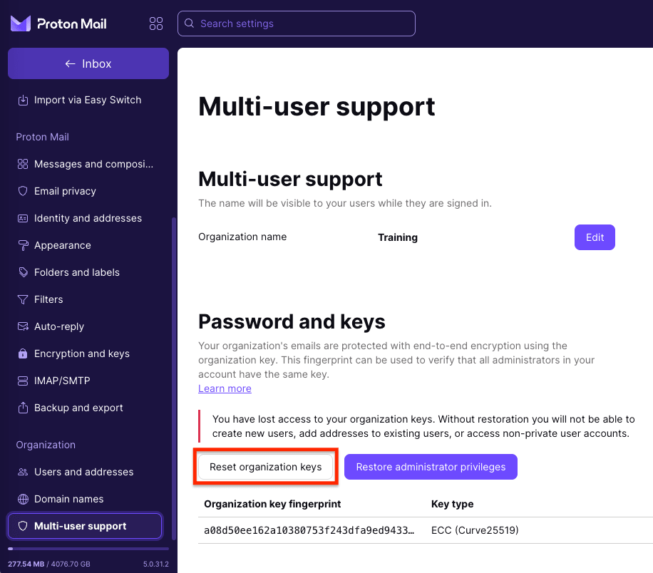 Reset organization keys button