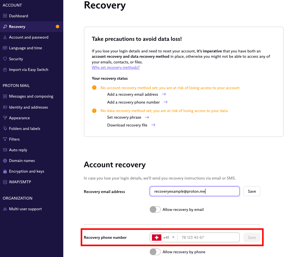 Field to enter account recovery phone number