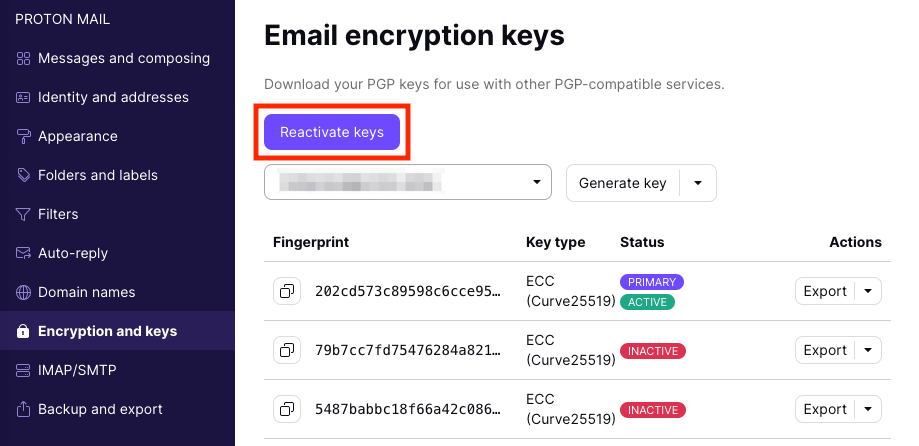 Button to reactivate your encryption keys